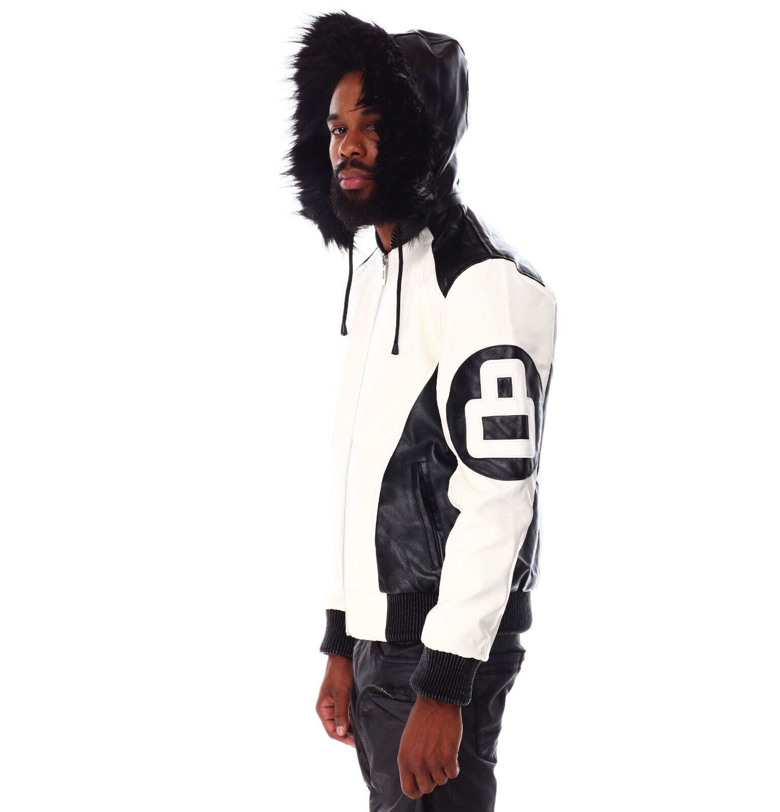 Mens 8 ball leather hooded bomber jacket white black 003