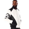 Mens 8 ball leather hooded bomber jacket white black 004