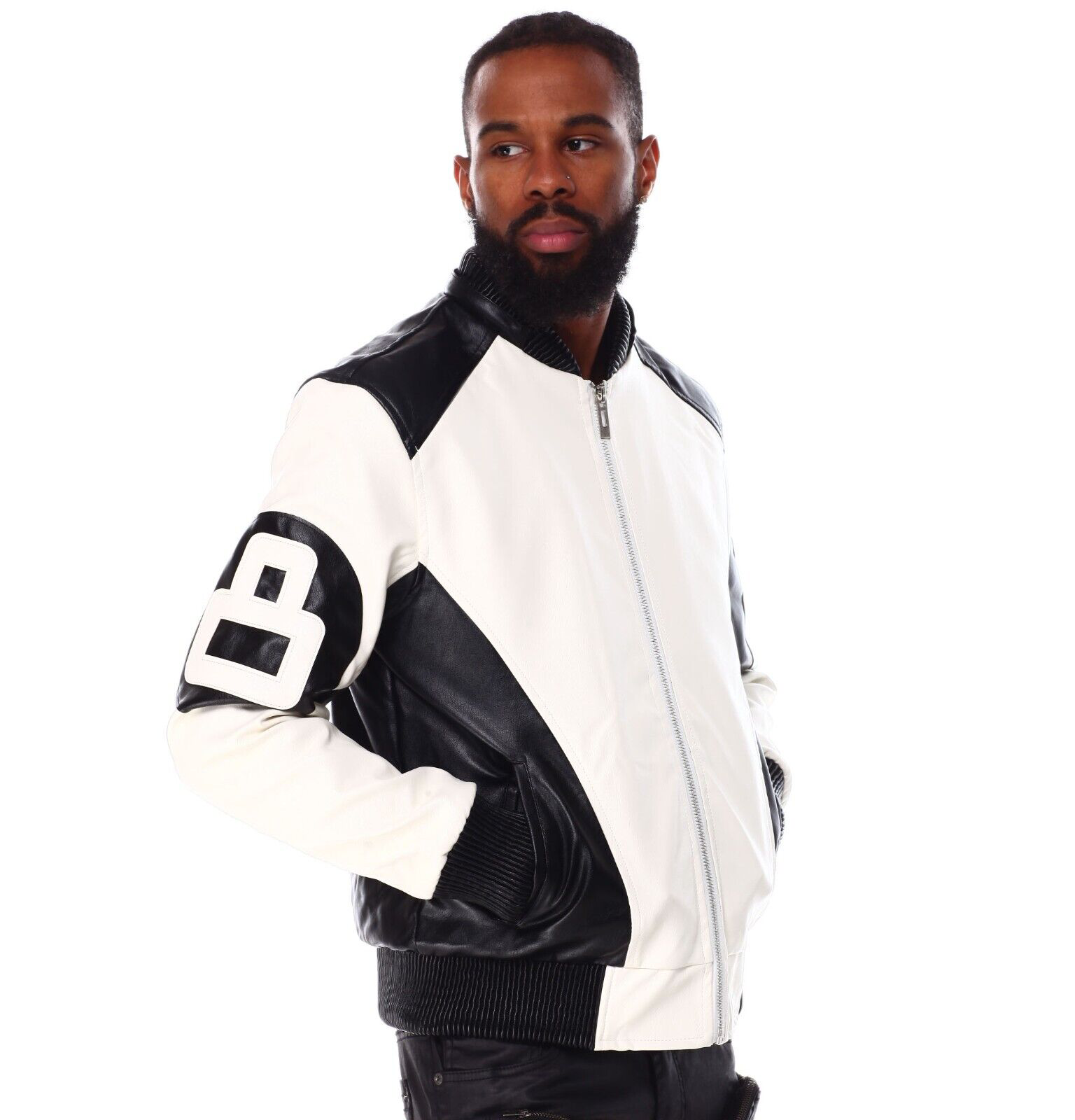 Mens 8 ball leather hooded bomber jacket white black 004