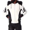 Mens 8 ball leather hooded bomber jacket white black 01