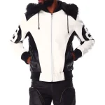 Men's 8 Ball White/Black Leather Fur Hooded Jacket