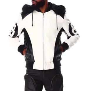 Mens 8 ball leather hooded bomber jacket white black 01