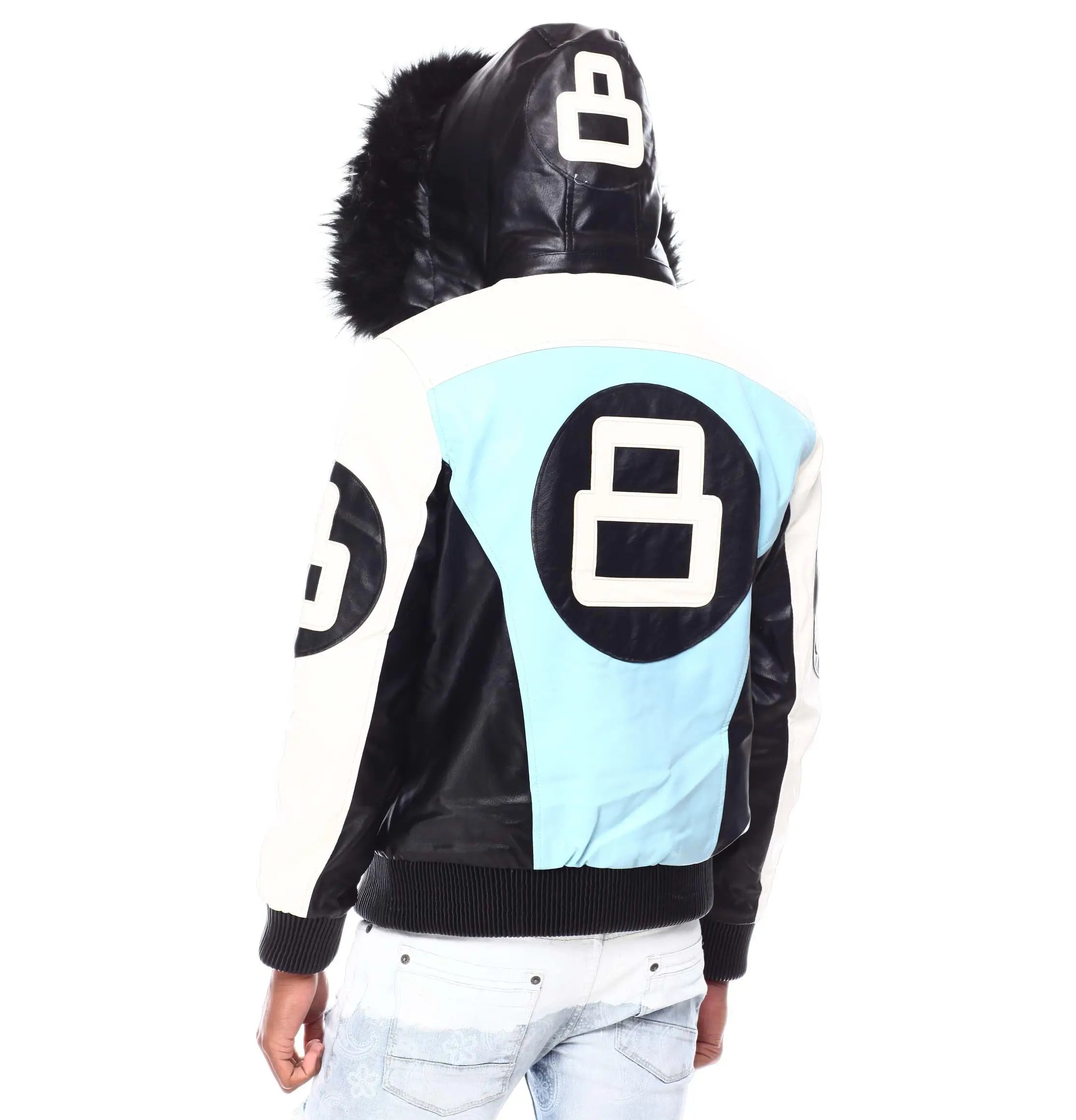 Mens 8 ball light blue hooded bomber leather jacket back
