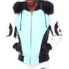 Mens 8 ball light blue hooded bomber leather jacket front