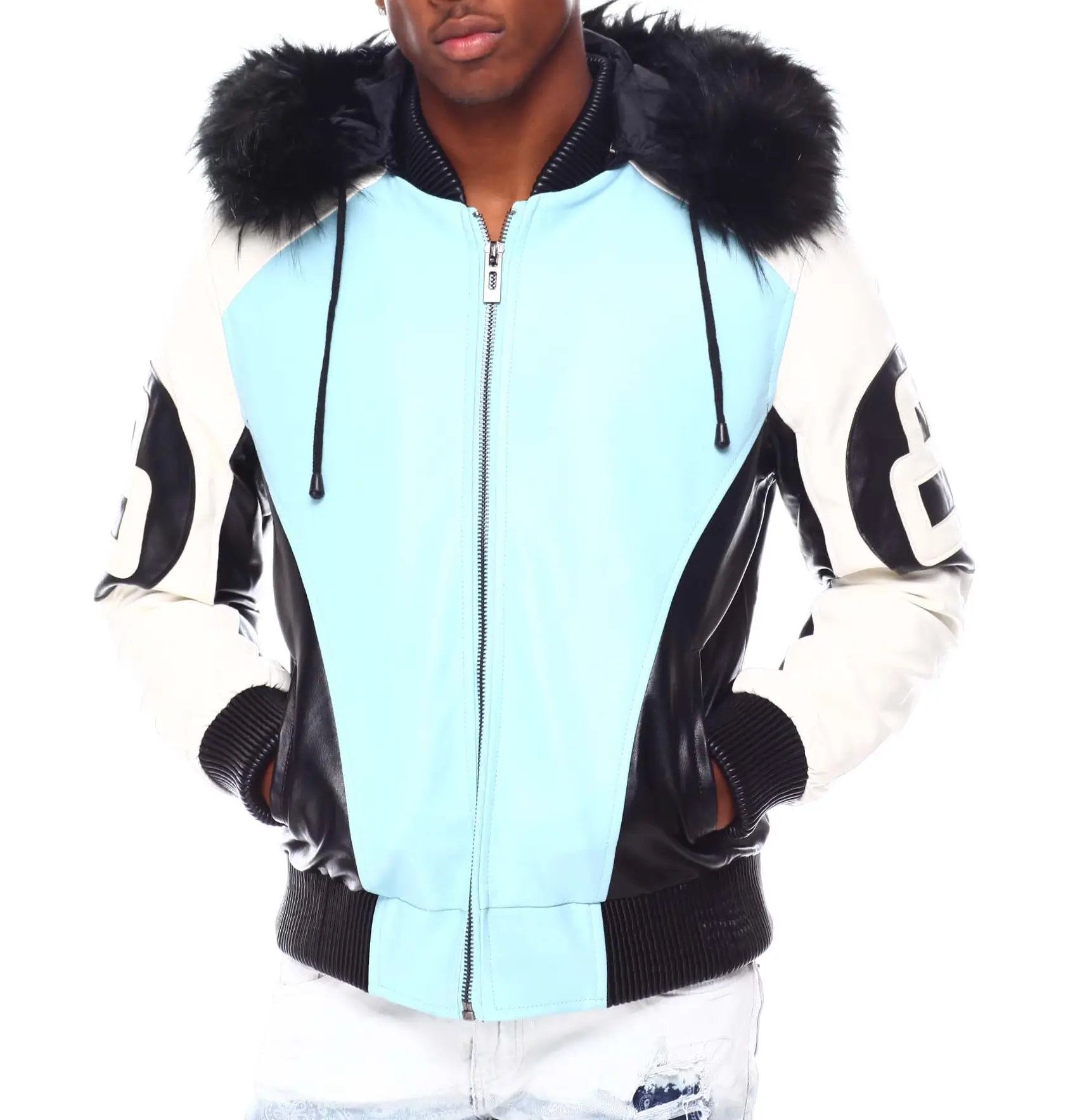 Mens 8 ball light blue hooded bomber leather jacket front