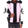 Mens 8 ball pink hooded leather bomber jacket 01