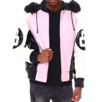 Men's 8 Ball Pink Leather Fur Hooded Jacket