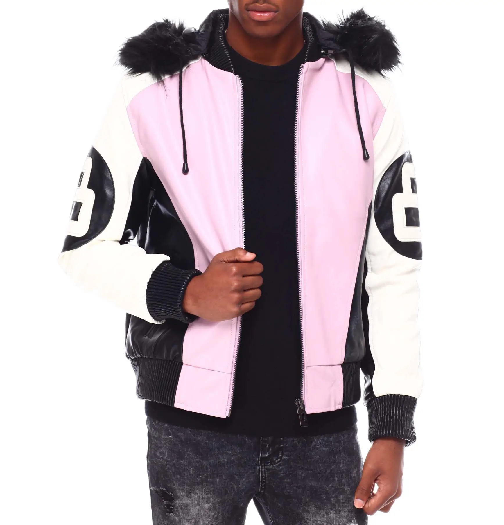 Mens 8 ball pink hooded leather bomber jacket 01