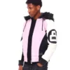 Mens 8 ball pink hooded leather bomber jacket 02