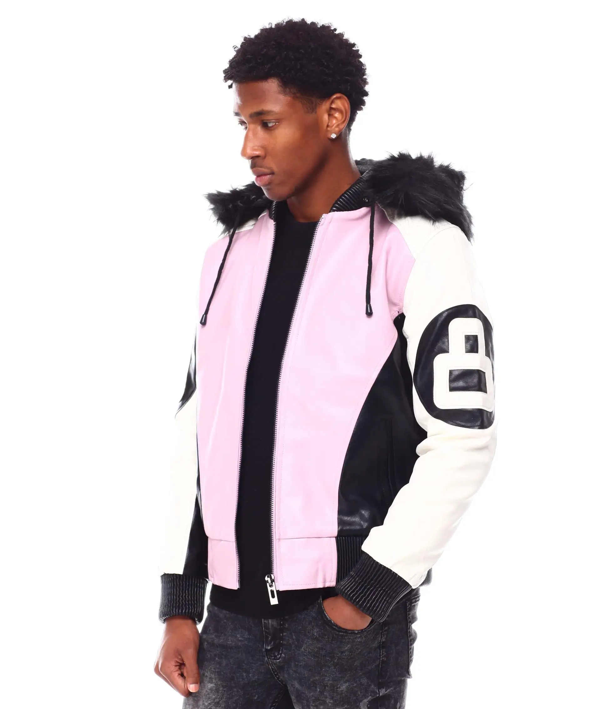 Mens 8 ball pink hooded leather bomber jacket 02