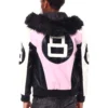 Mens 8 ball pink hooded leather bomber jacket 03