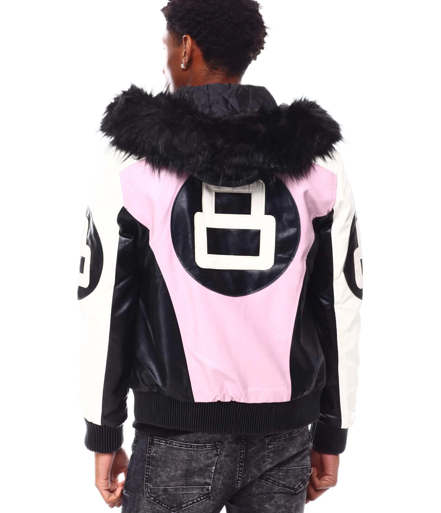 Mens 8 ball pink hooded leather bomber jacket 03