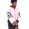 Mens 8 ball pink hooded leather bomber jacket 04