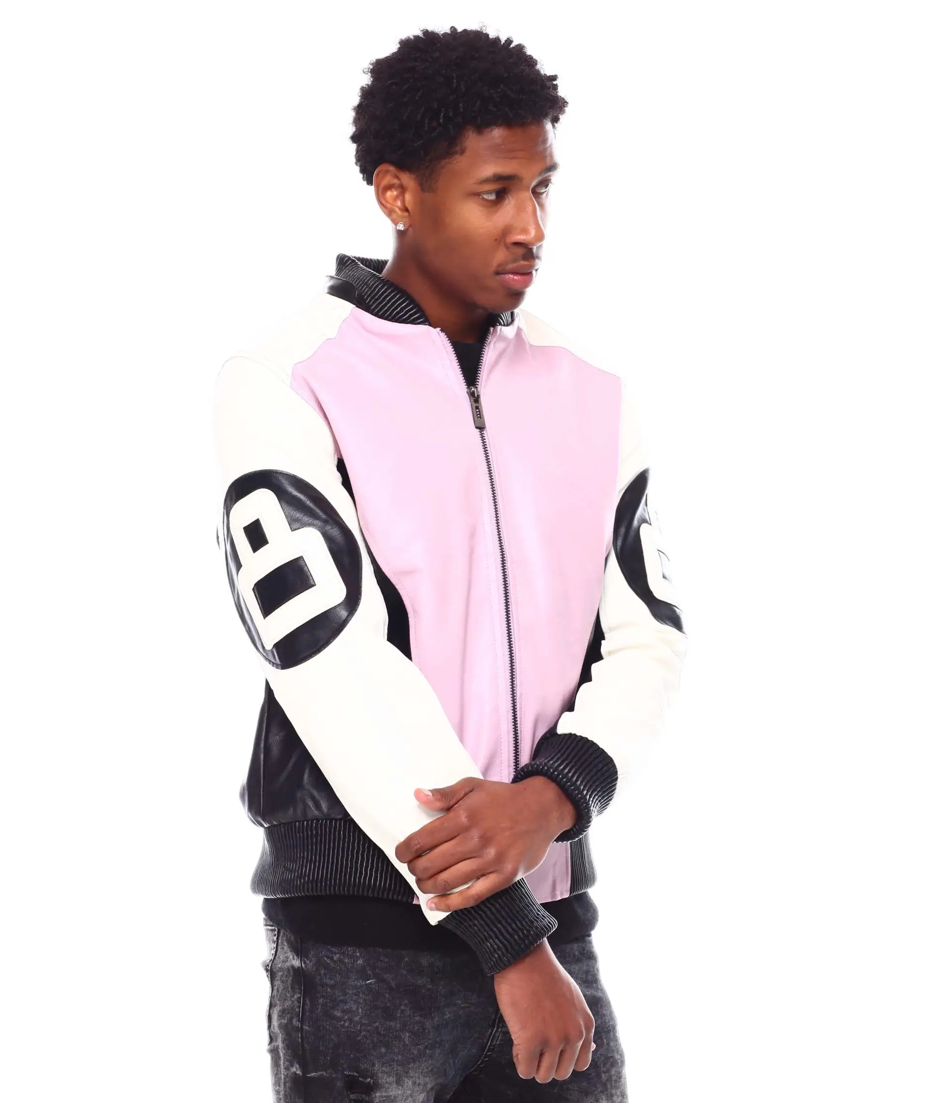 Mens 8 ball pink hooded leather bomber jacket 04