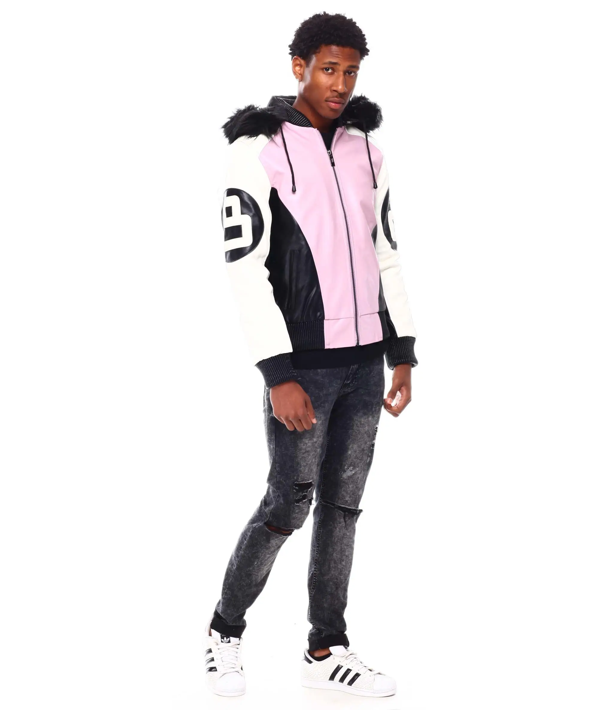 Mens 8 ball pink hooded leather bomber jacket 05