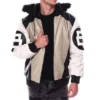 Mens 8 ball sand bomber leather jacket faux fur hood 001