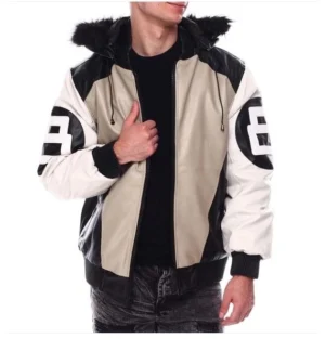 Mens 8 ball sand bomber leather jacket faux fur hood 001