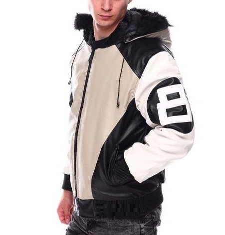 Mens 8 ball sand bomber leather jacket faux fur hood 003
