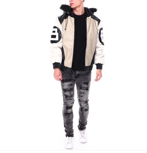 Mens 8 ball sand bomber leather jacket faux fur hood 004