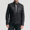 Mens adjustable waist black leather moto jacket