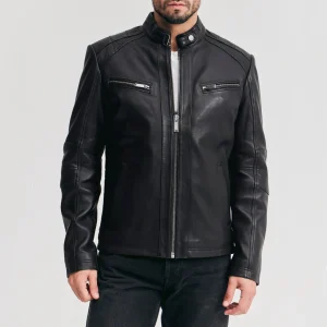 Mens adjustable waist black leather moto jacket