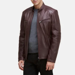 Mens adjustable waist dark bordeaux leather jacket