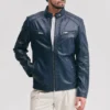Mens adjustable waist navy leather moto jacket