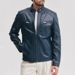 Men’s Adjustable Waist Navy Leather Moto Jacket