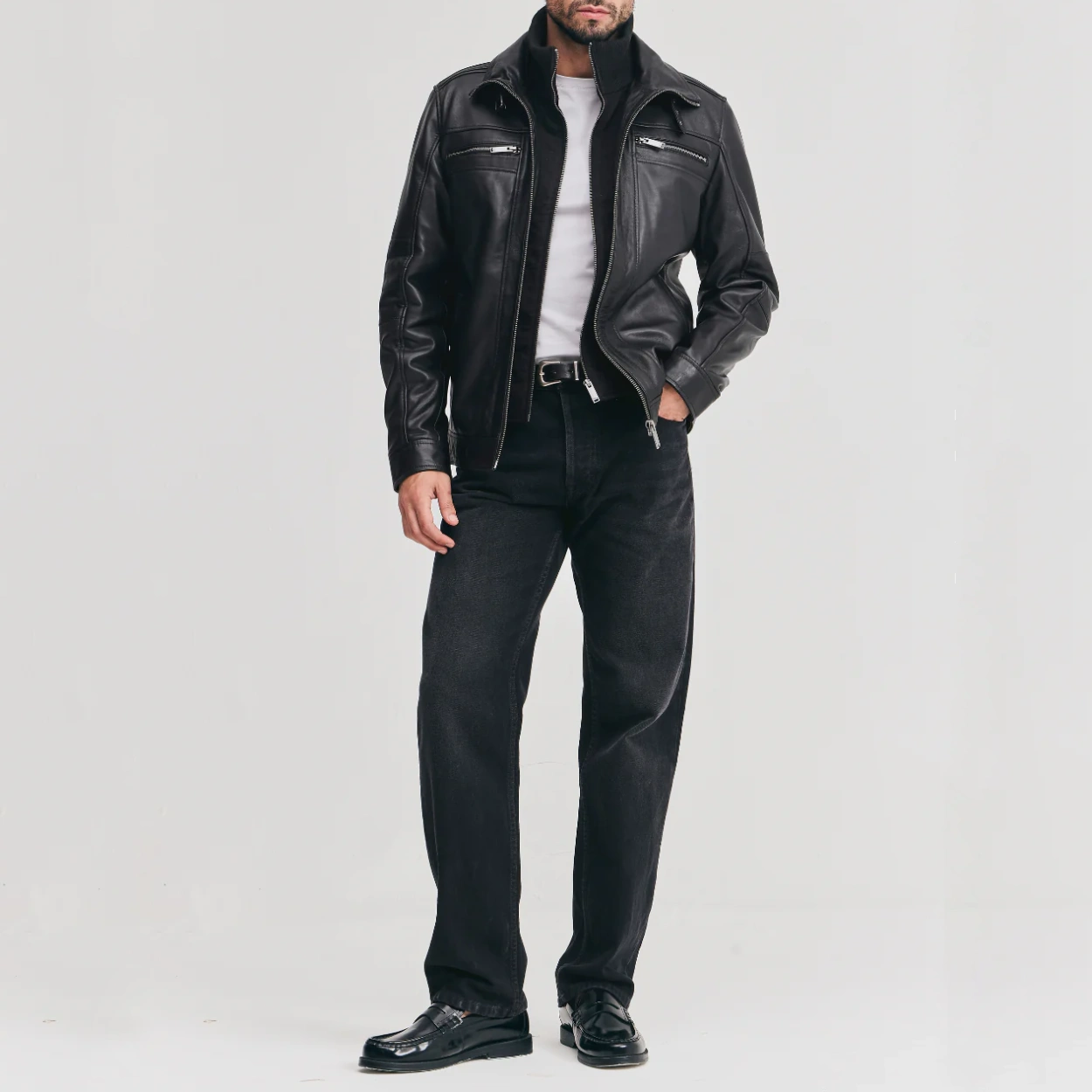 Mens black leather jacket detachable storm