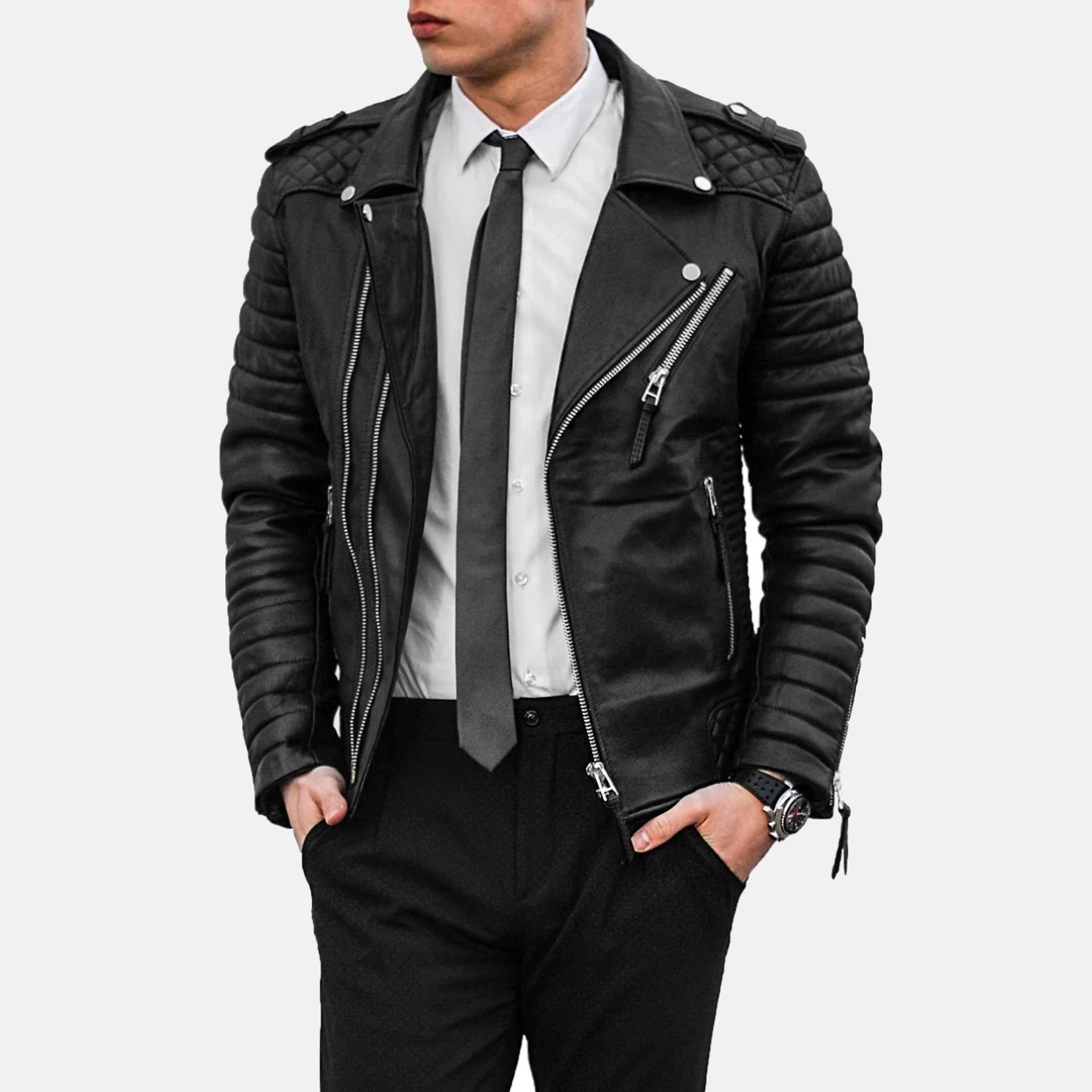 Mens black motorcycle leather biker jacket 2 1