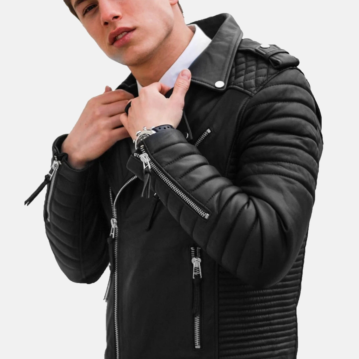 Mens black motorcycle leather biker jacket 3