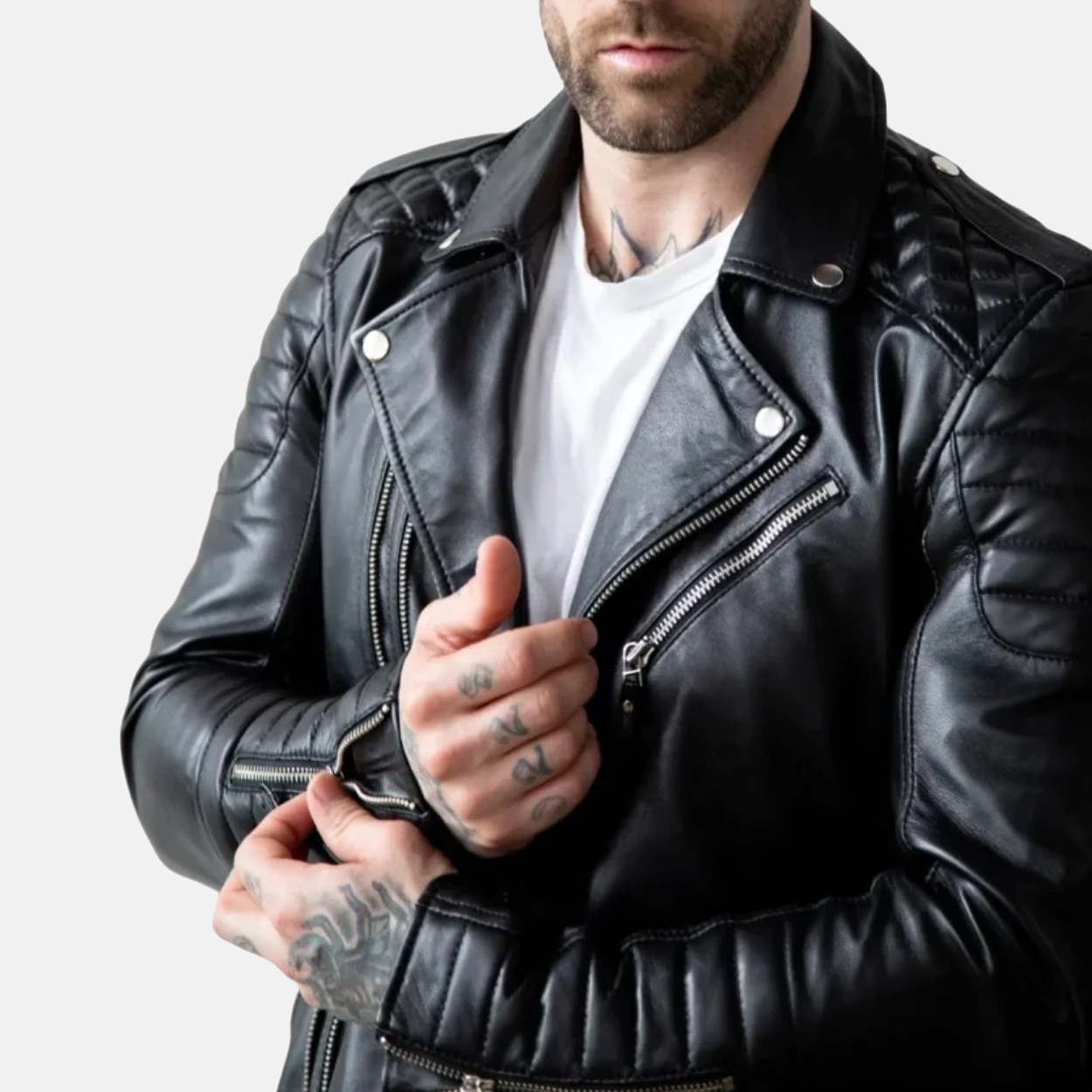 Mens black quilted genuine lambskin leather biker jacket 1 1