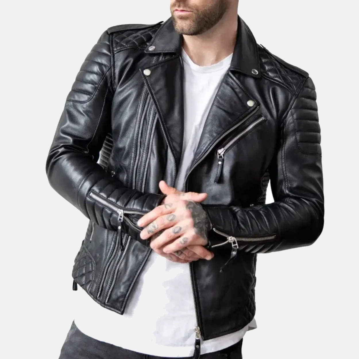 Mens black quilted genuine lambskin leather biker jacket 2 1