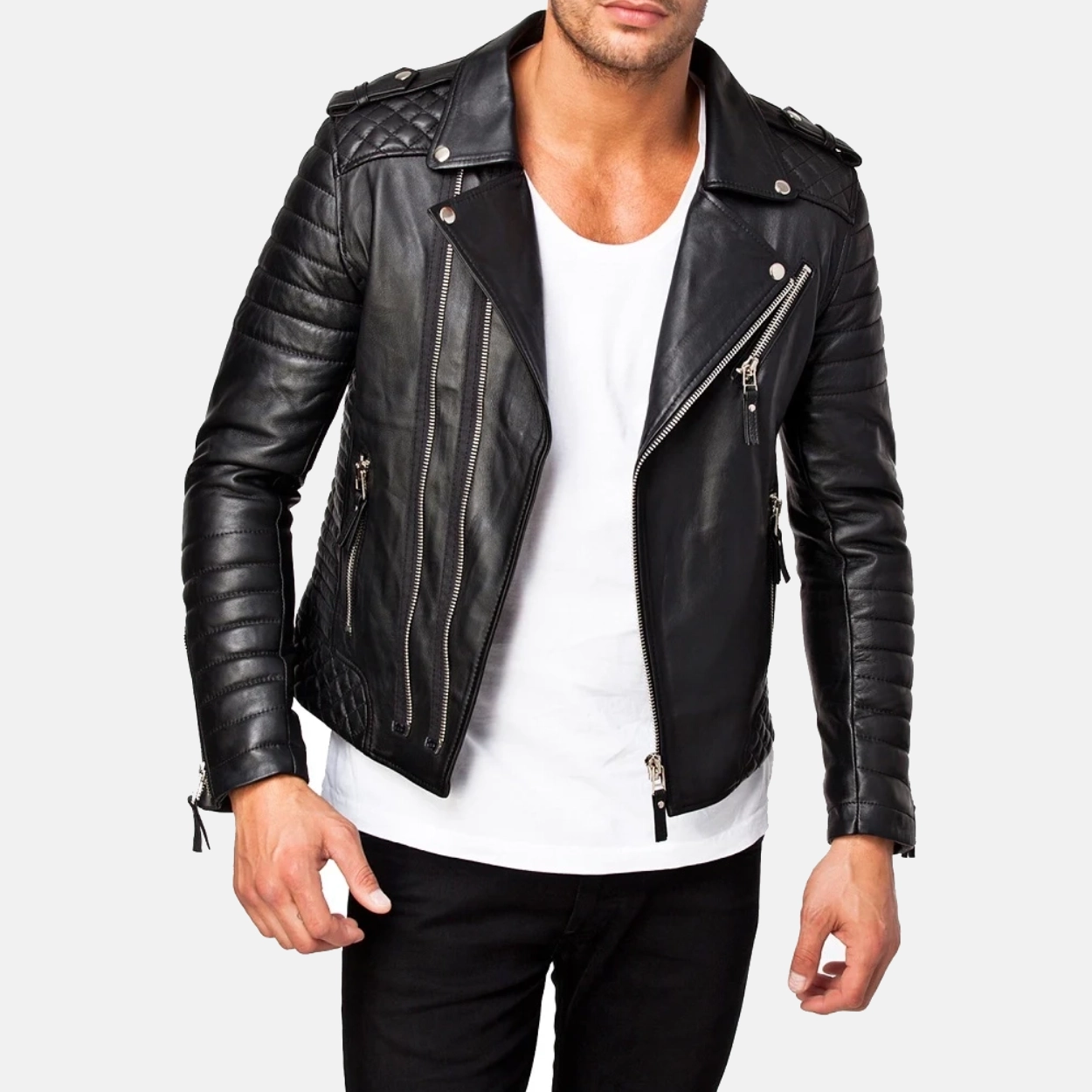 Mens black quilted genuine lambskin leather biker jacket 3 1