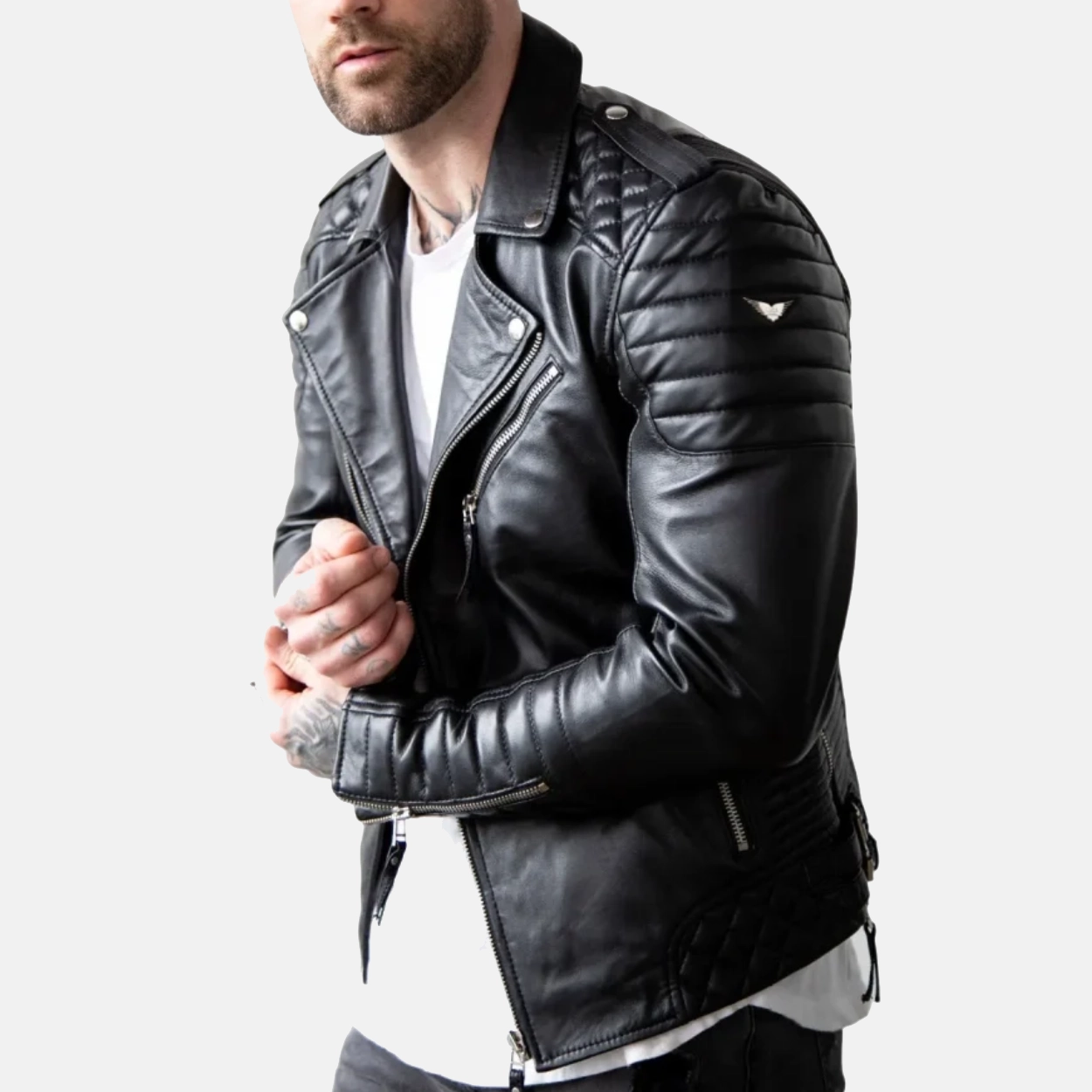 Mens black quilted genuine lambskin leather biker jacket 4