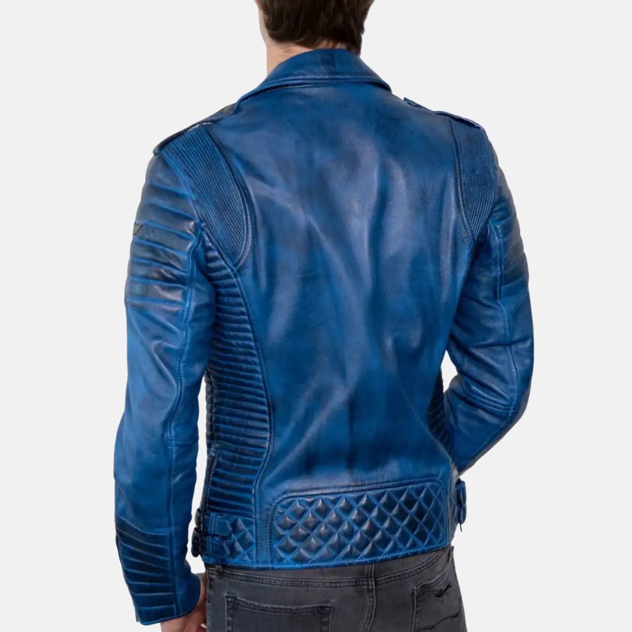 Mens blue wax motorcycle leather biker jacket 1 1