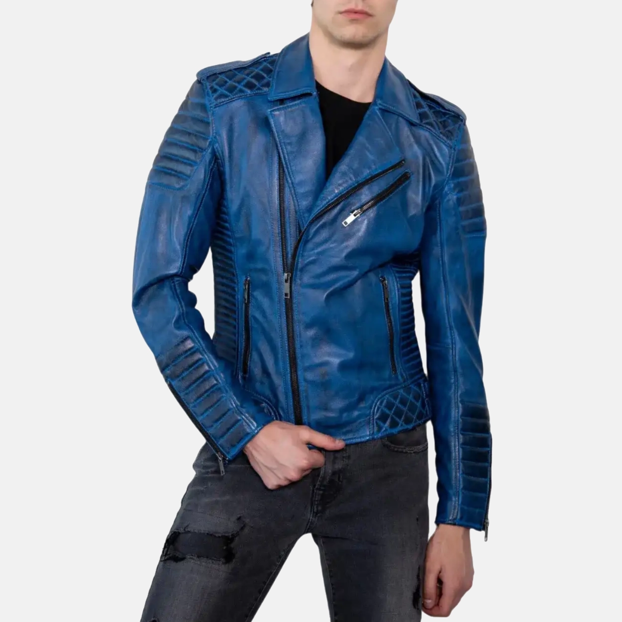 Mens blue wax motorcycle leather biker jacket 2 1