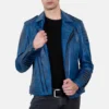Mens blue wax motorcycle leather biker jacket 3 1