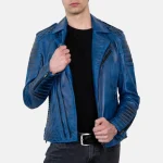 Men's Blue Wax Motorcycle Leather Jacket