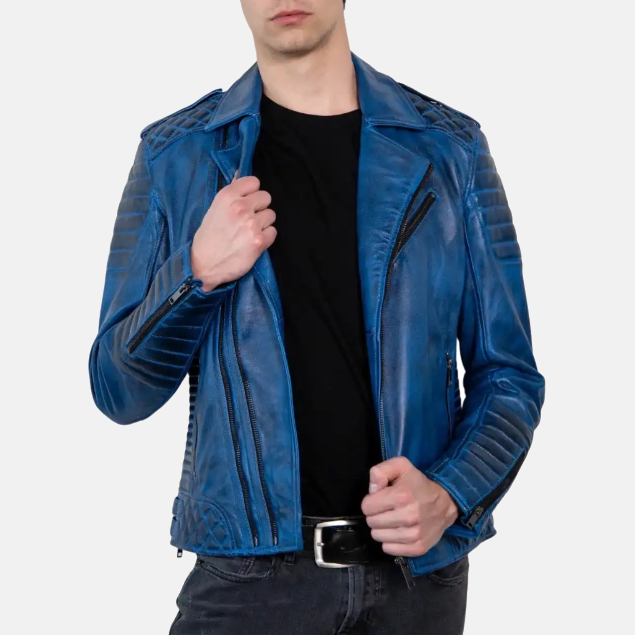 Mens blue wax motorcycle leather biker jacket 3 1