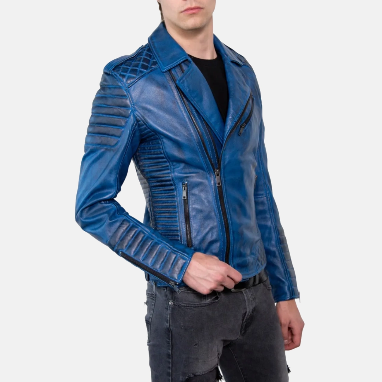 Mens blue wax motorcycle leather biker jacket 4