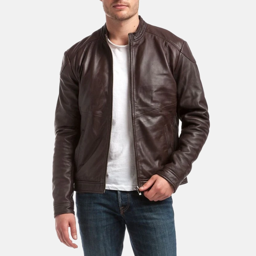 Mens brown cafe racer leather jacket 1 1