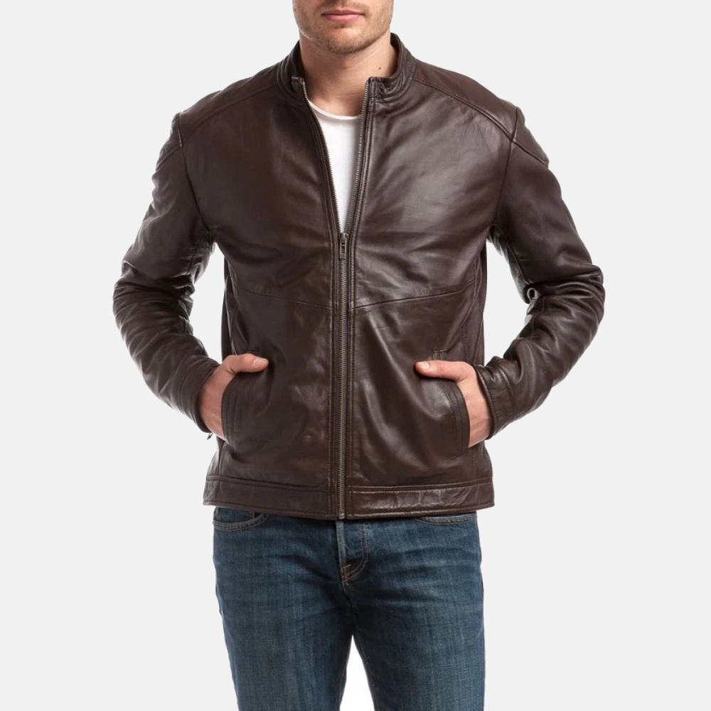 Mens brown cafe racer leather jacket 2 1