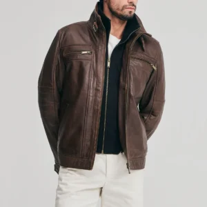 Mens brown leather jacket detachable storm