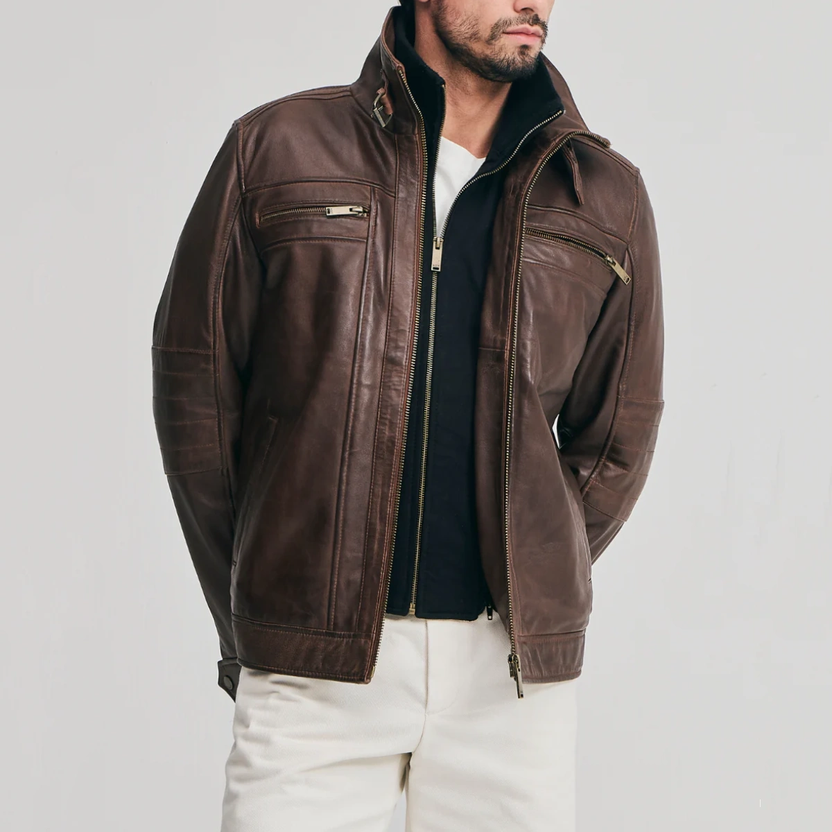 Mens brown leather jacket detachable storm