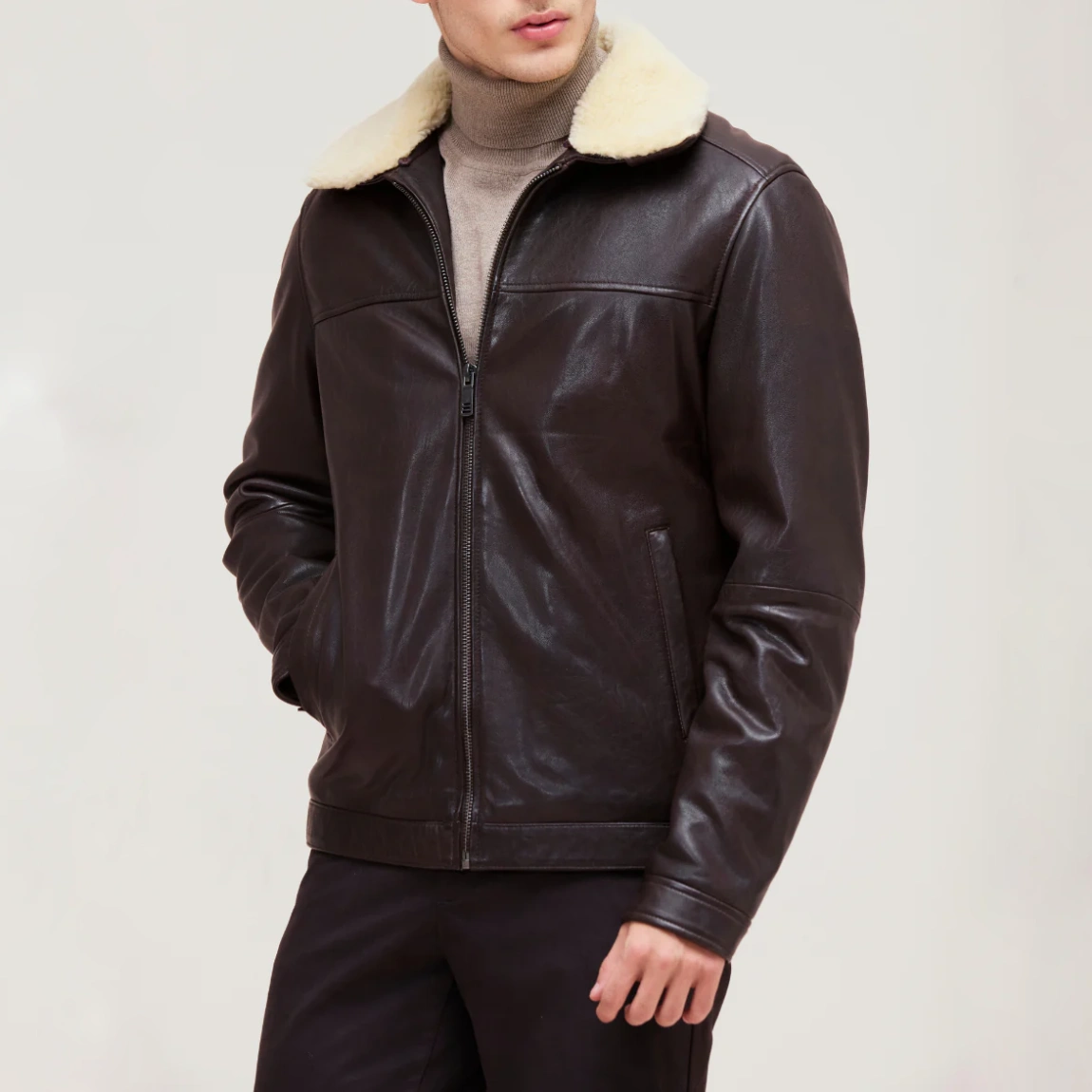 Mens brown shearling leather jacket