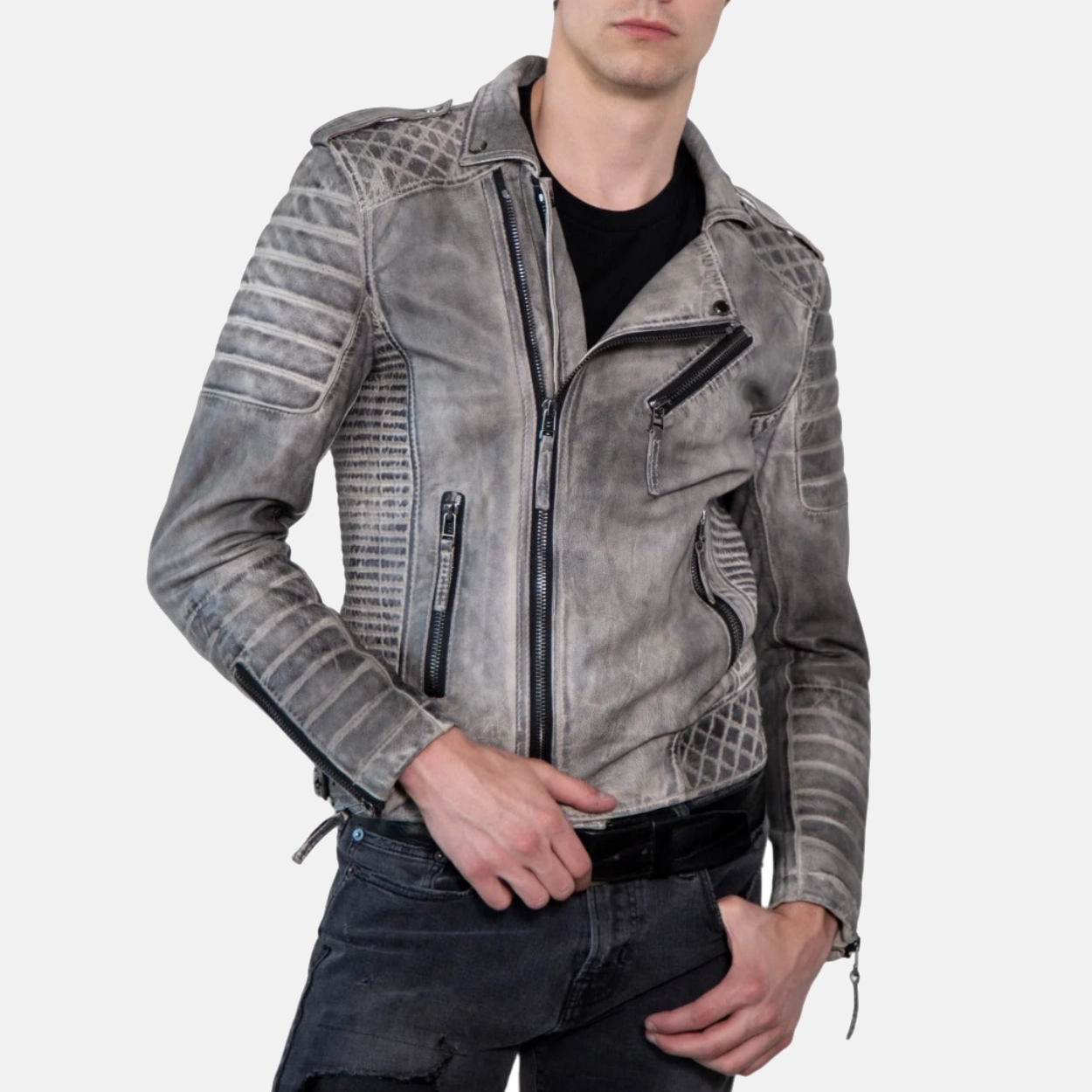 Mens charcoal gray wax motorcycle leather biker jacket 2 1