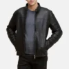 Mens chest yoke black leather moto jacket