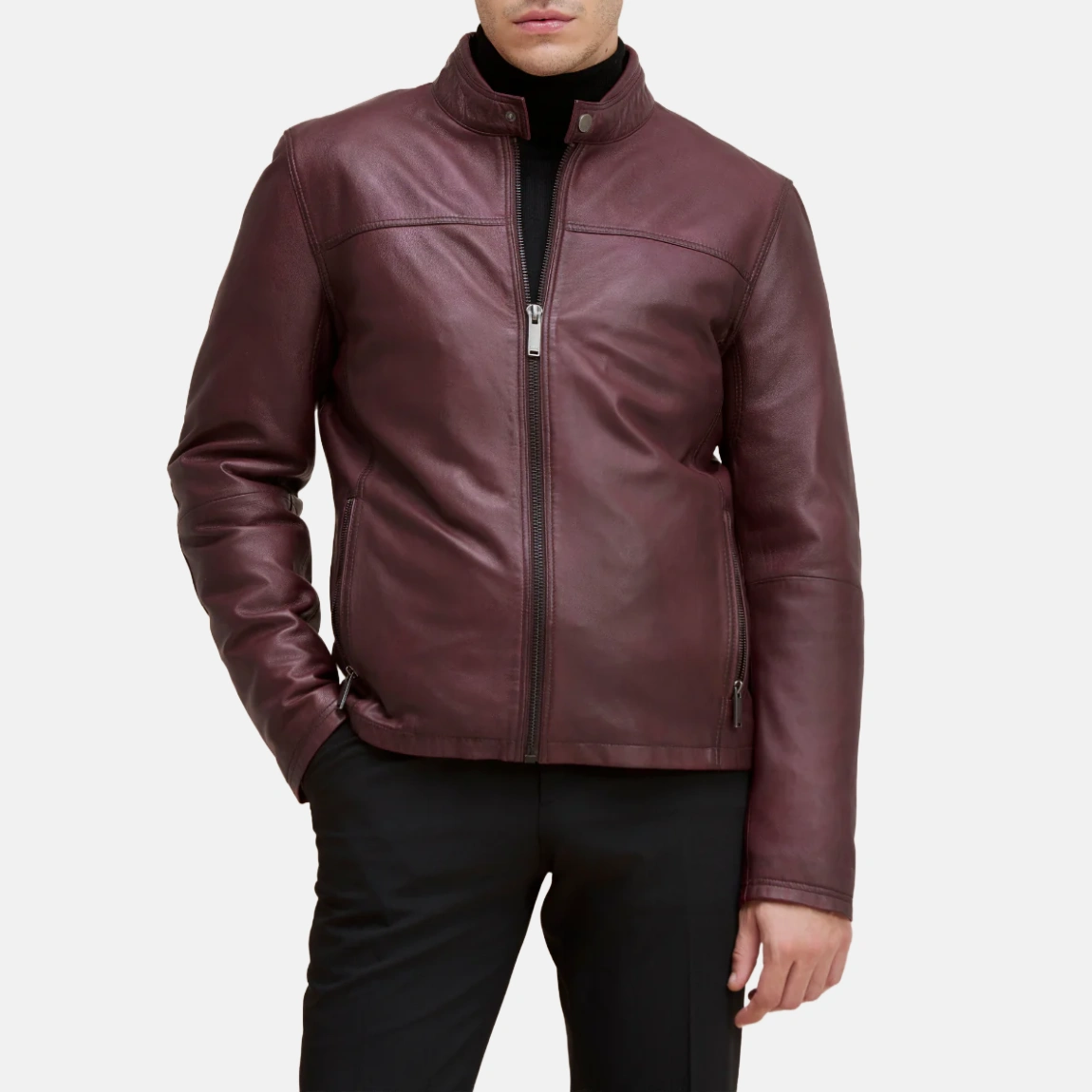 Mens chest yoke oxblood leather jacket