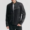Mens chest zip pocket black leather jacket